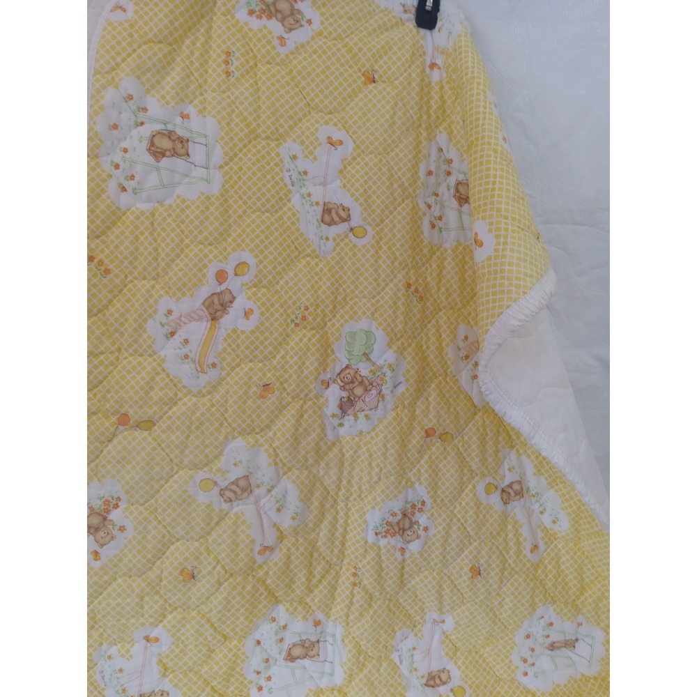 Vintage Yellow Teddy Bear Picnic Baby Blanket Quilt Soft Cozy